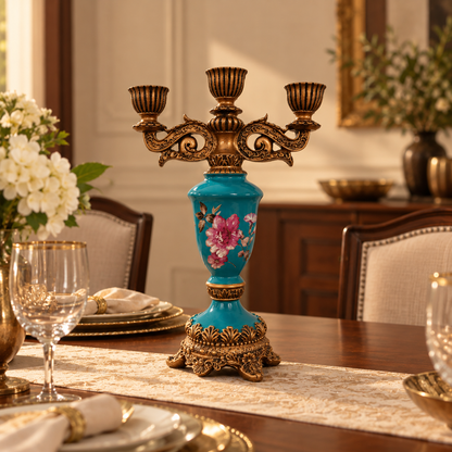 Teal Floral Ceramic 3-Arm Candle Stand with Gold Accents