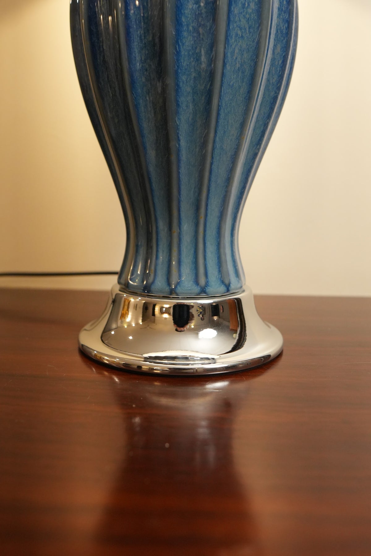 Cobalt Blue Speckled Fluted Ceramic Table Lamp with Navy Shade