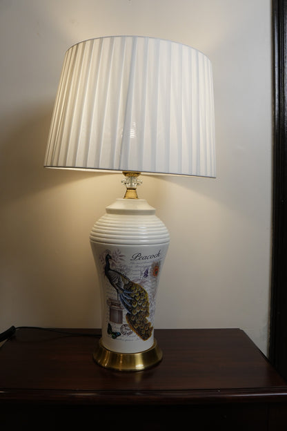 White Peacock Vintage Script Ceramic Table Lamp