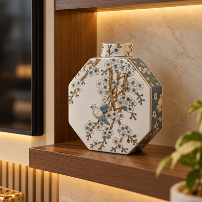 Grand Bluebird & Blossom Tree Ceramic Octagonal Flask Vase
