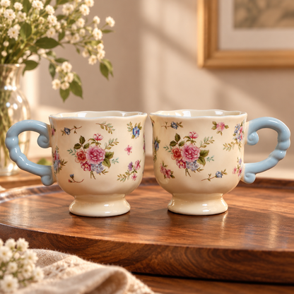 Cottage Bloom Ceramic Mug with Blue Twisted Handle (Set of 2)