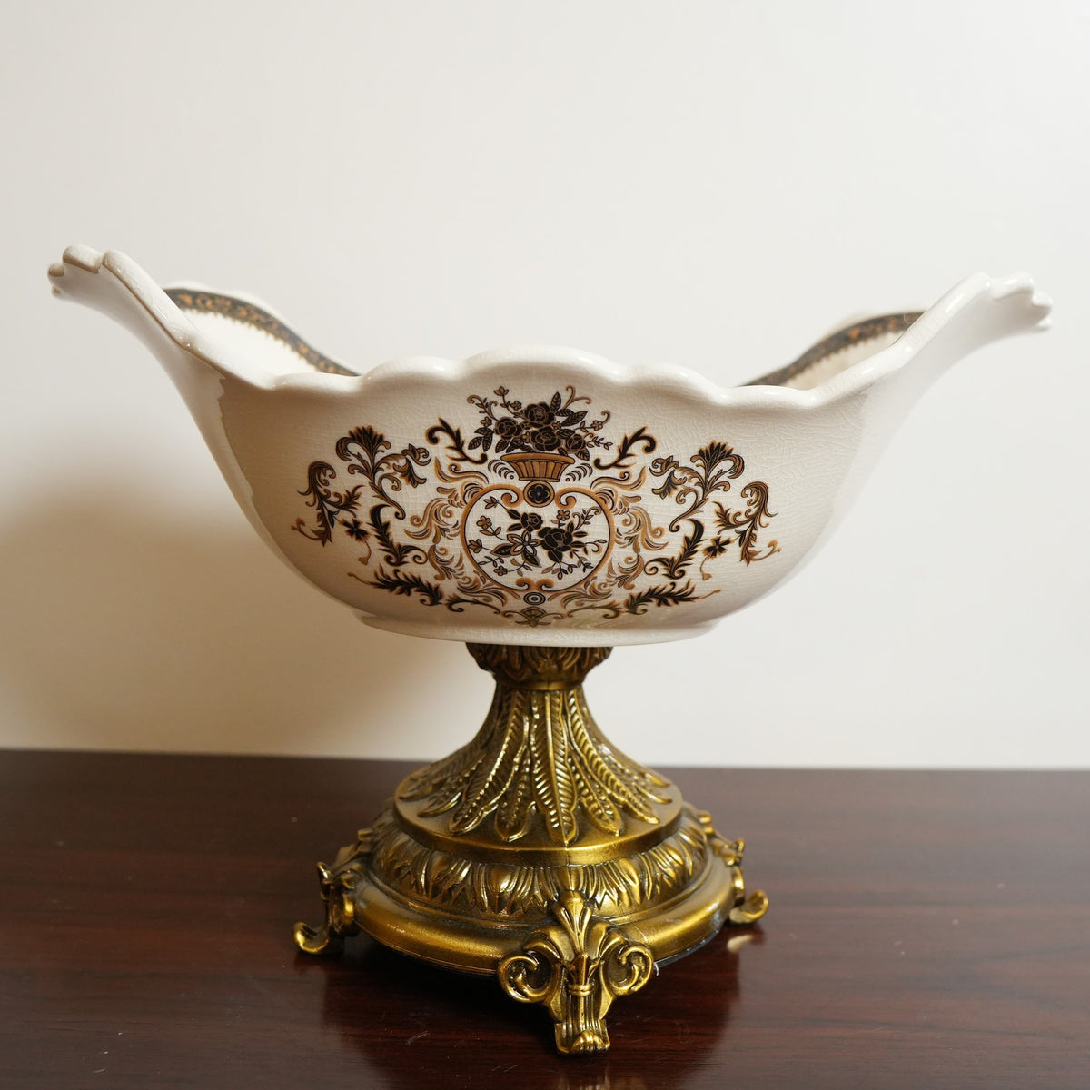 Ivory Baroque Ceramic Centerpiece Bowl with Gold Pedestal