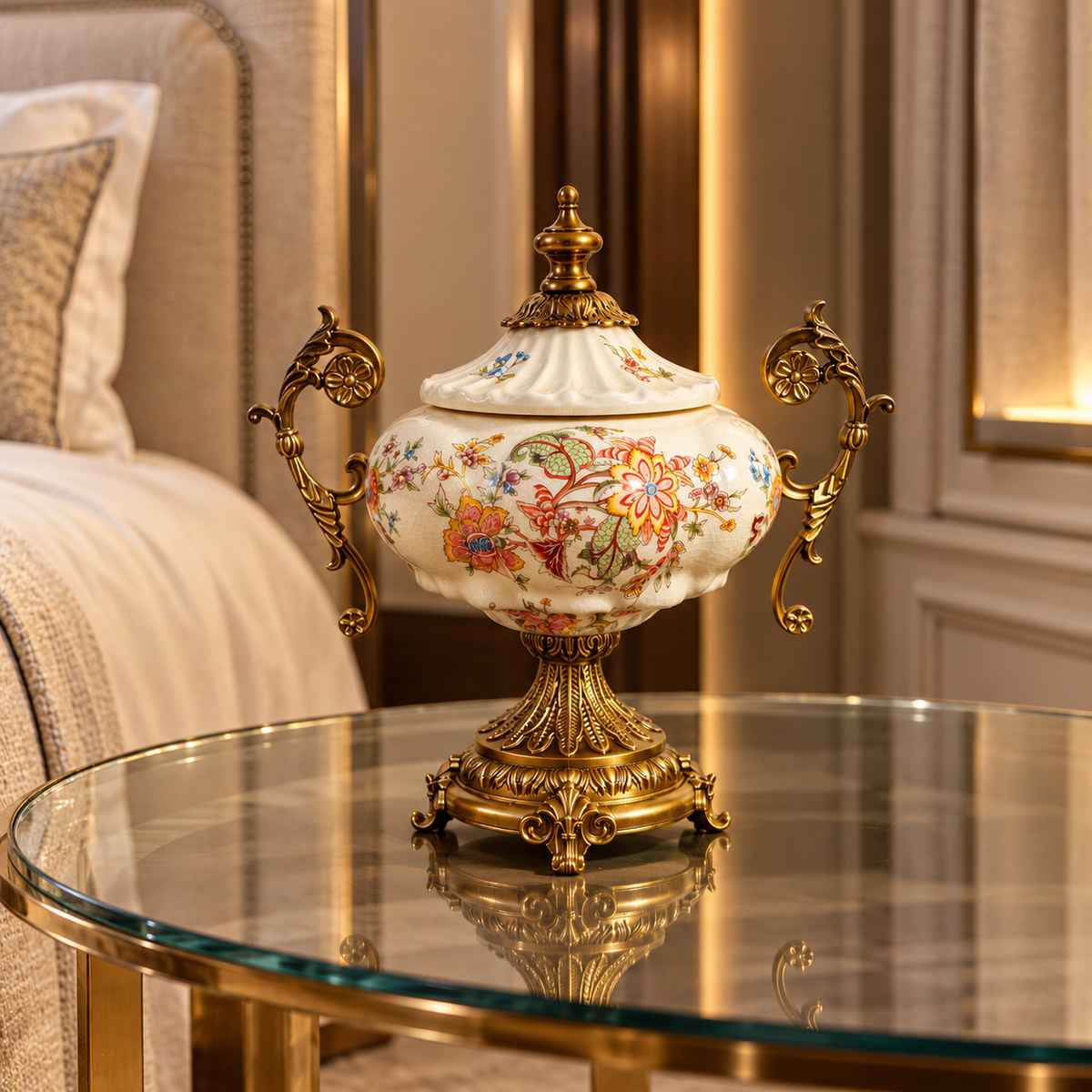 Ivory Jacobean Floral Ceramic Lidded Urn with Gold Scroll Handles & Pedestal