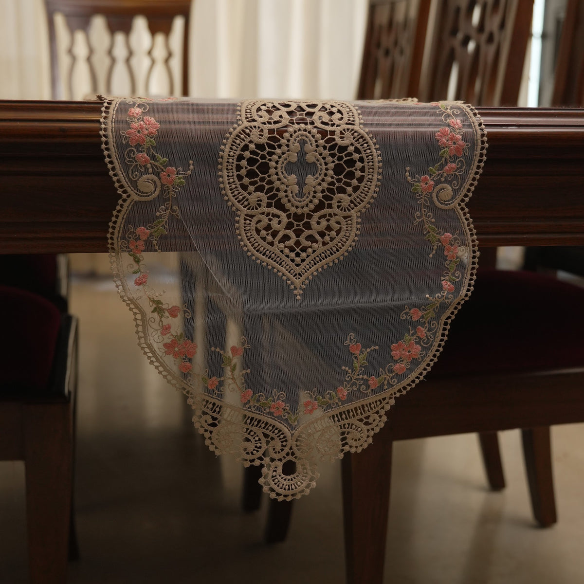 Gold Lace & Pink Floral Vine Sheer Table Runner (Long)
