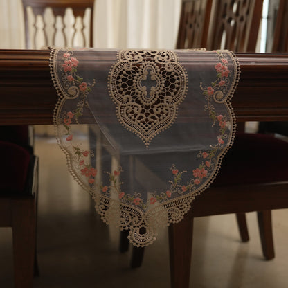 Gold Lace & Pink Floral Vine Sheer Table Runner (Long)