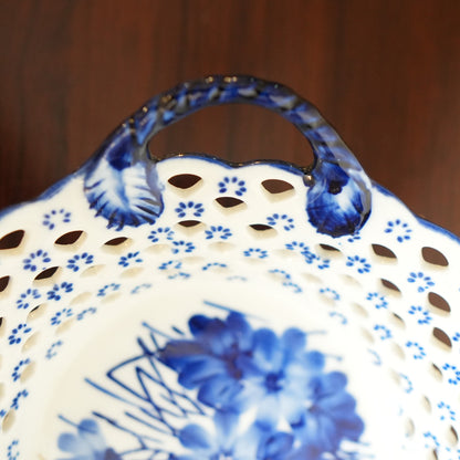 Blue Floral Pierced Lattice Ceramic Basket with Handles