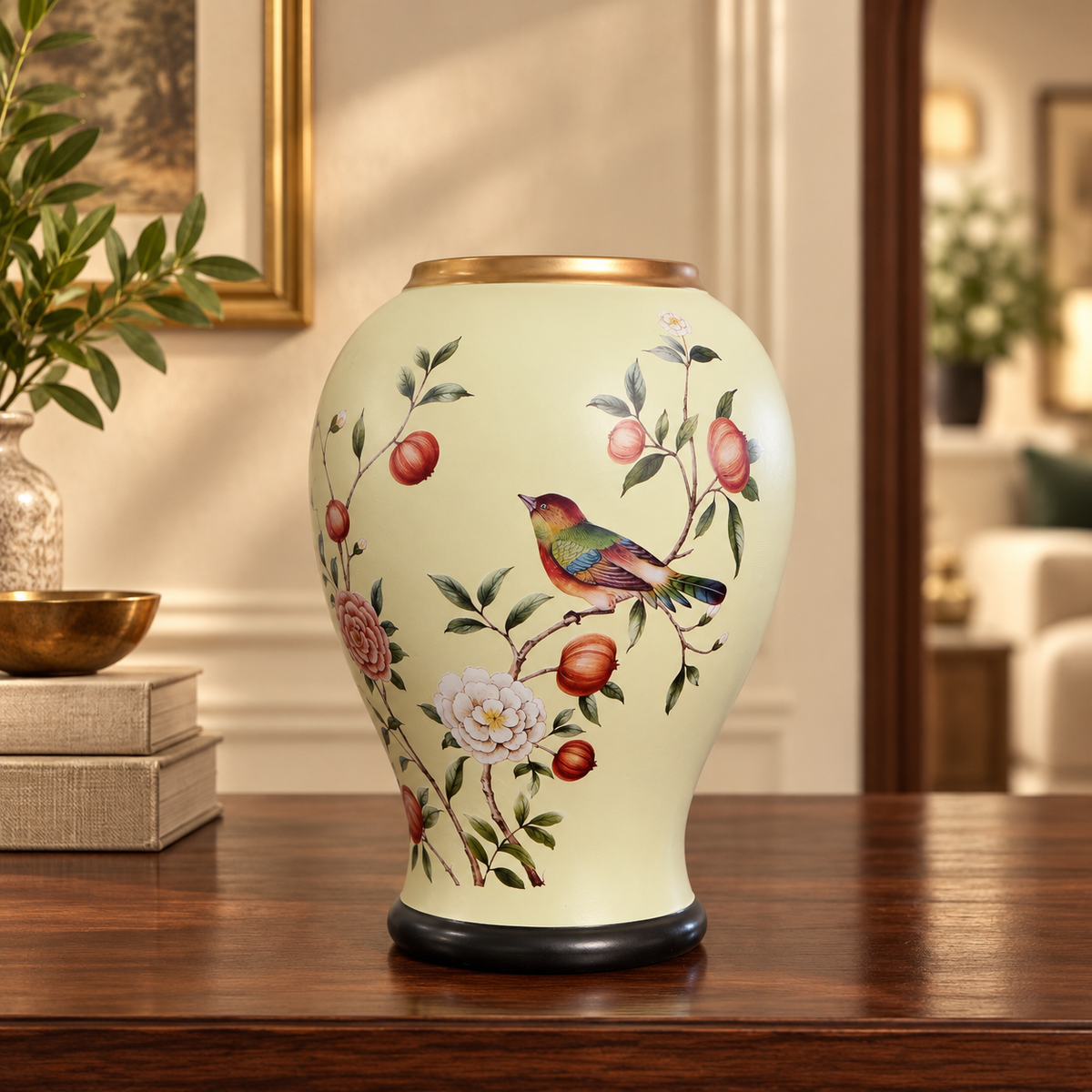 Cream Pomegranate & Bird Baluster Ceramic Vase