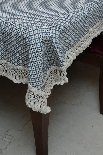 Navy & Cream Woven Lattice Table Sheet with Crochet Fringe (6 Seater)