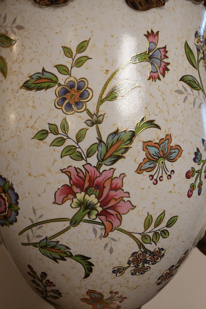 Ivory Floral Ceramic Trophy Vase with Ornate Gold Rim & Handles