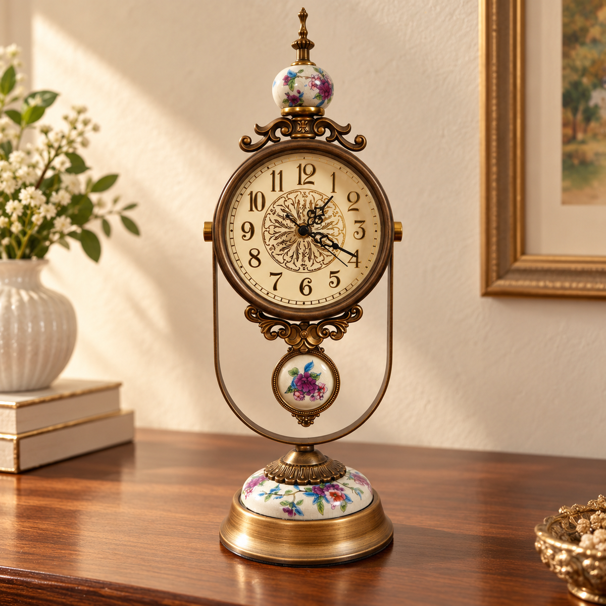 Violet Blossom Porcelain & Brass Pendulum Table Clock