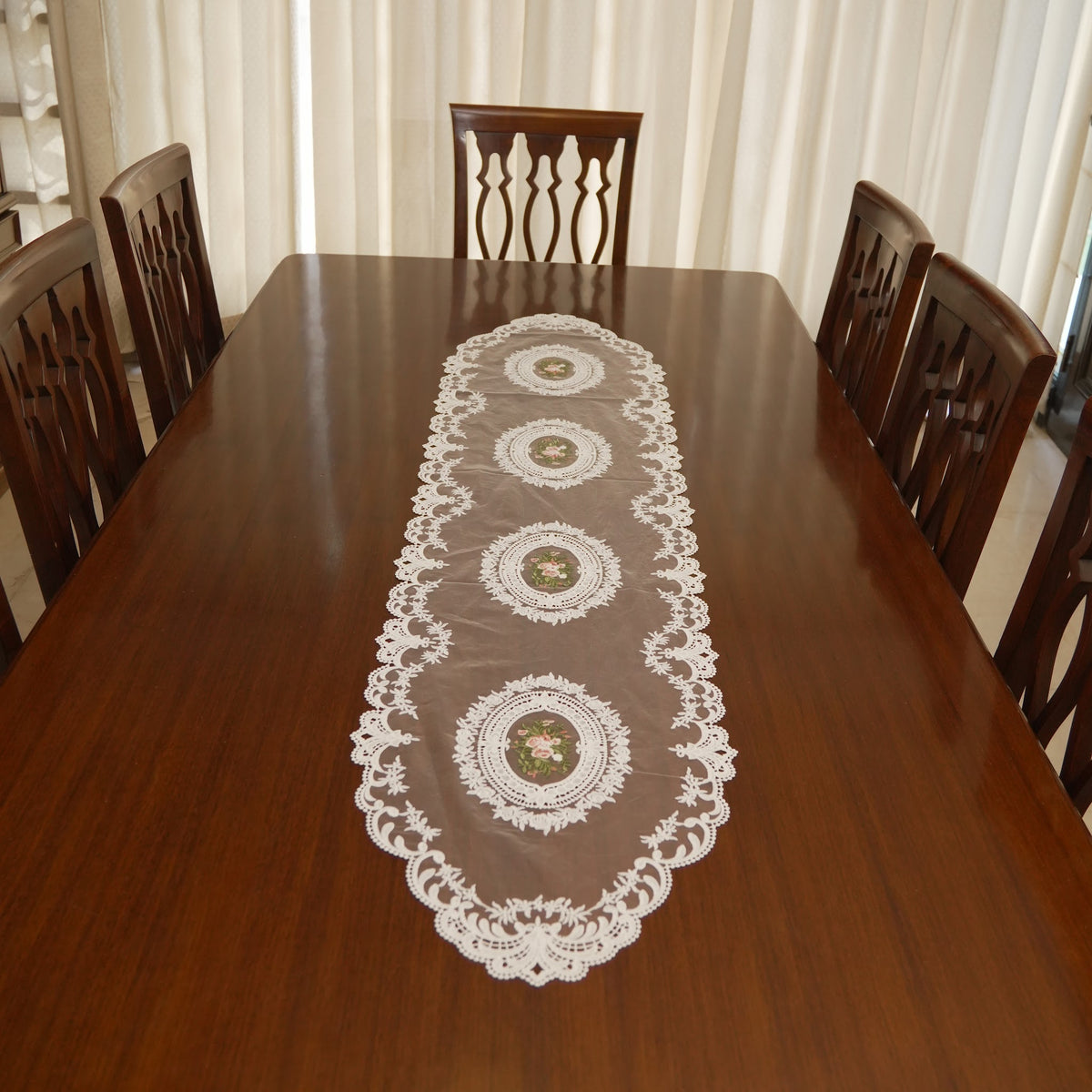 Ivory Rose Medallion Sheer Lace Table Runner (Long)