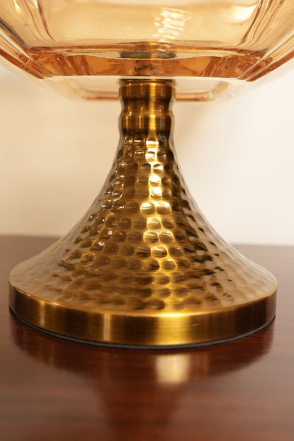 Amber Glass Square Pedestal Bowl with Hammered Gold Stand