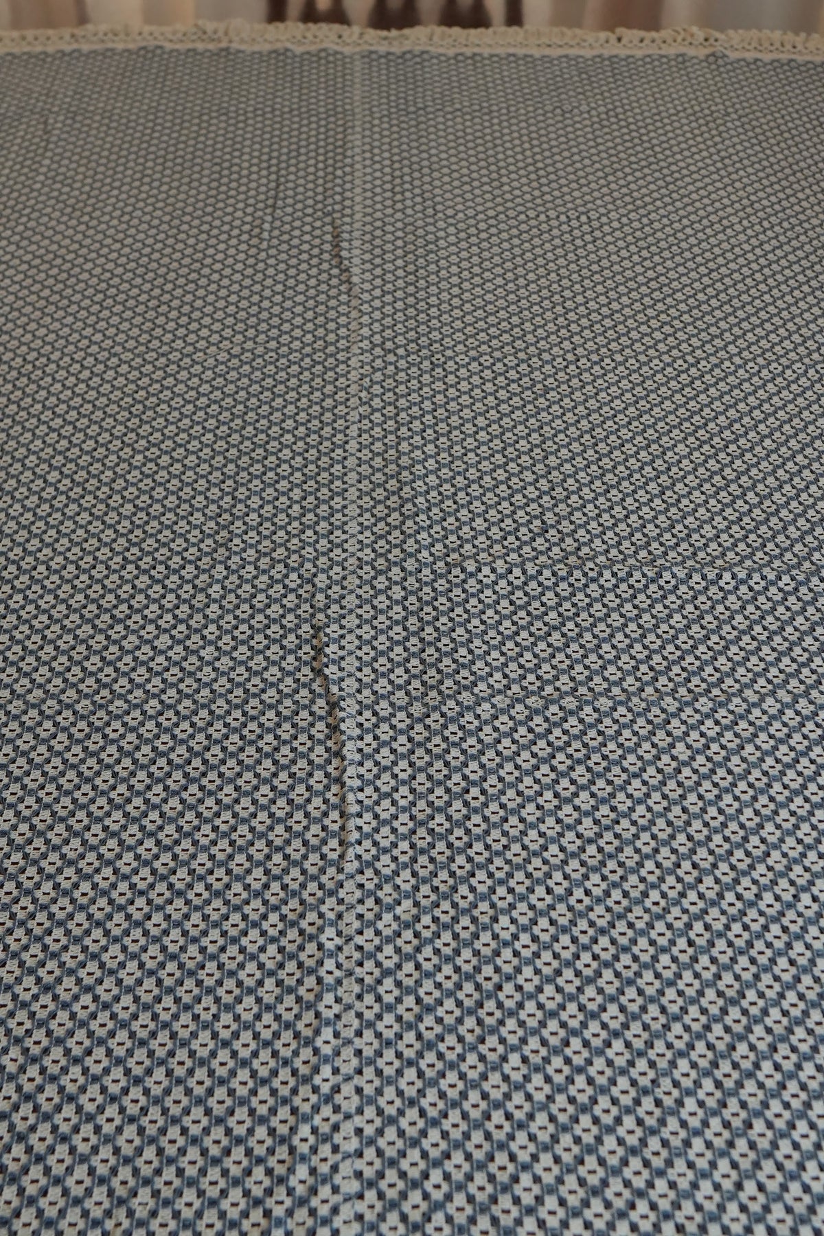 Navy & Cream Woven Lattice Table Sheet with Crochet Fringe (6 Seater)