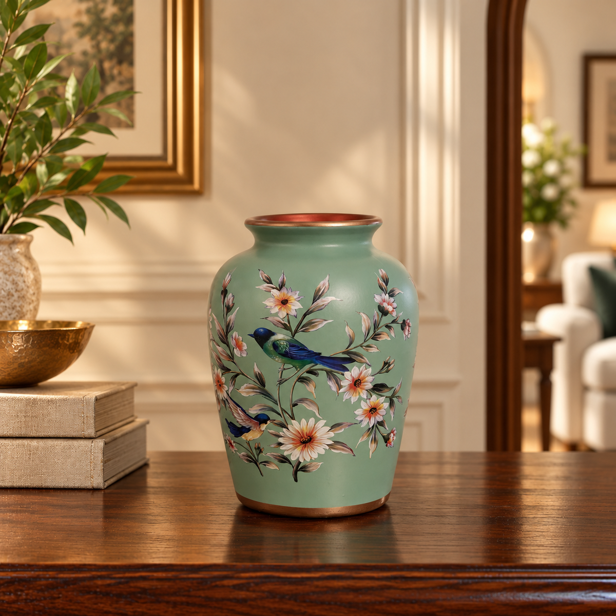 Sage Green Bird & Blossom Flared-Neck Ceramic Vase