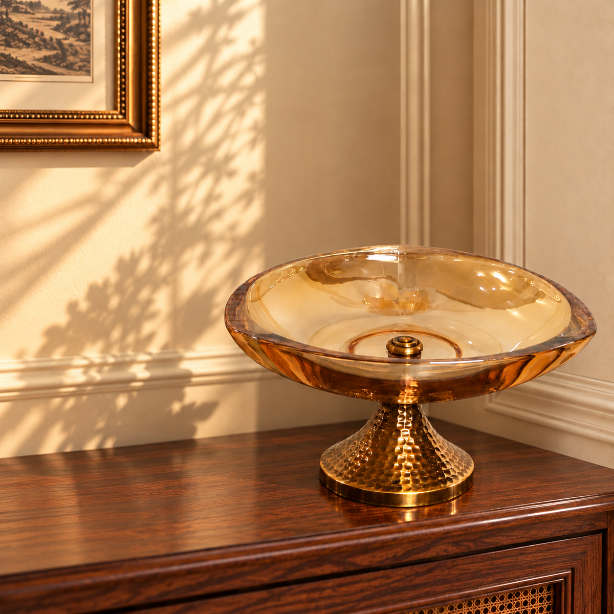 Amber Glass Round Pedestal Bowl with Hammered Gold Stand