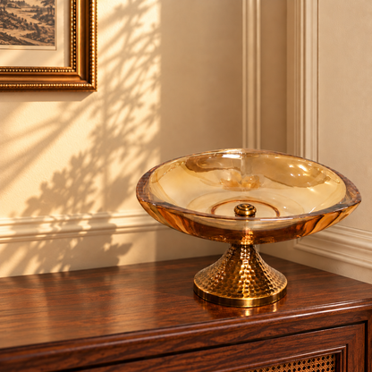Amber Glass Round Pedestal Bowl with Hammered Gold Stand