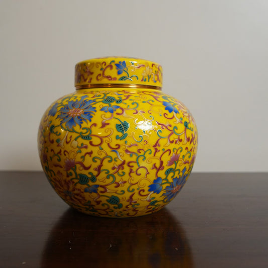 Imperial Yellow Enamel Floral Ceramic Round Lidded Jar