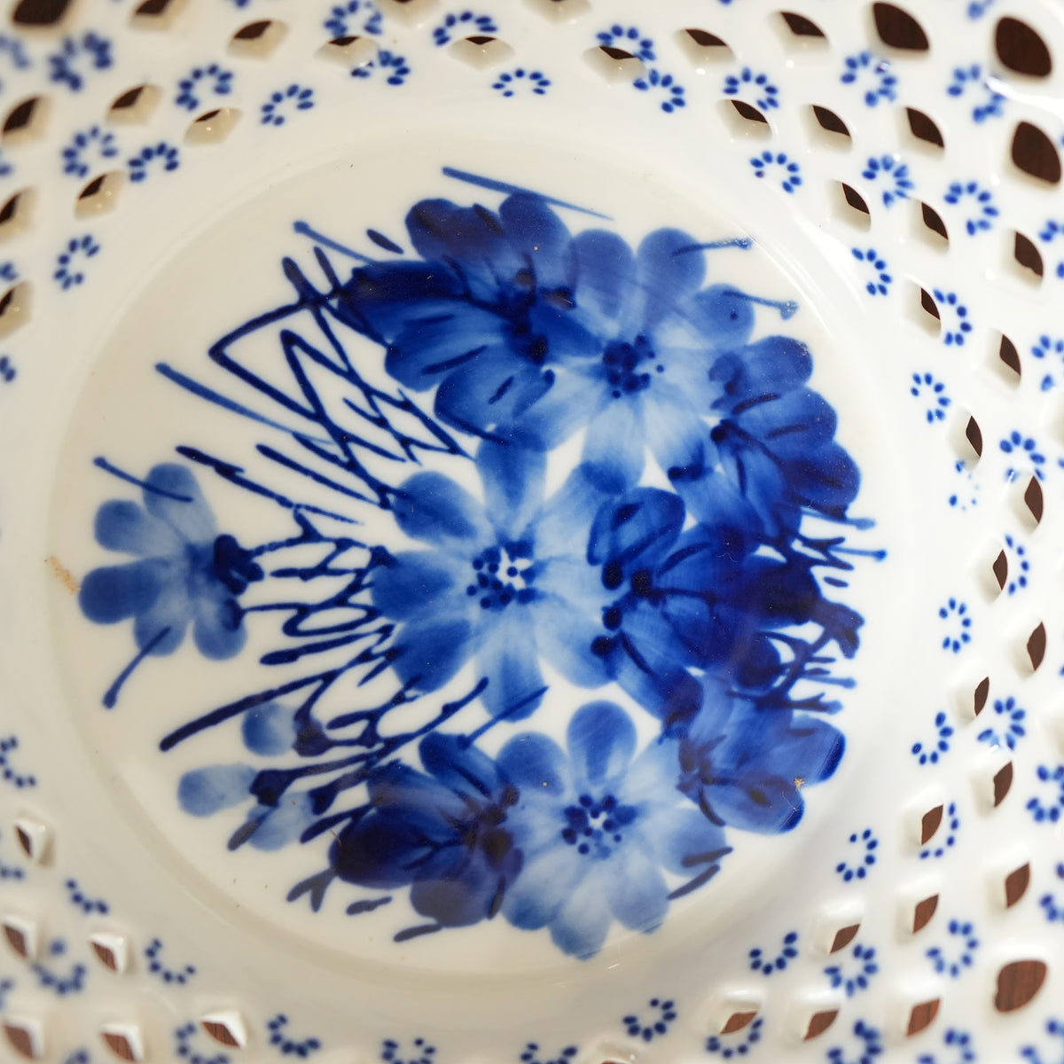Blue Floral Pierced Lattice Ceramic Basket with Handles