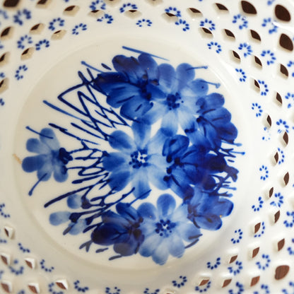 Blue Floral Pierced Lattice Ceramic Basket with Handles