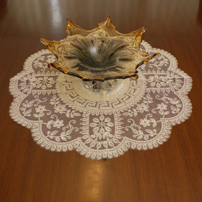 Ivory Satin Centre Greek Key Lace XL Round Table Mat (Single)