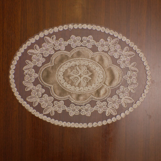 Taupe Satin Centre Floral Lace Oval Table Mat (Set of 2)