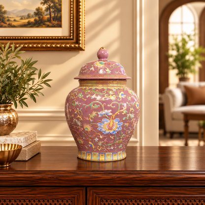 Rose Pink Lotus Ceramic Ginger Jar with Gold Greek Key