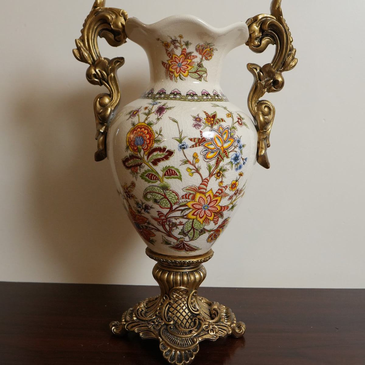 Ivory Jacobean Floral Ceramic Vase with Gold Scroll Handles & Pedestal