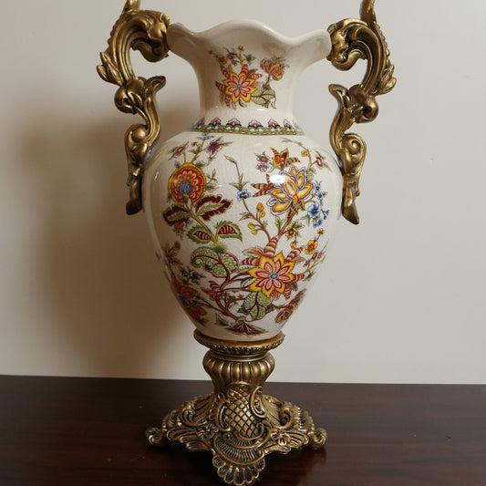 Ivory Jacobean Floral Ceramic Vase with Gold Scroll Handles & Pedestal