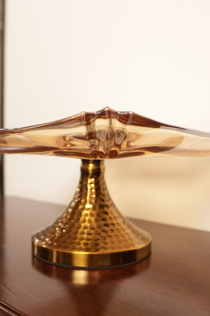 Amber Glass Square Pedestal Platter with Hammered Gold Stand