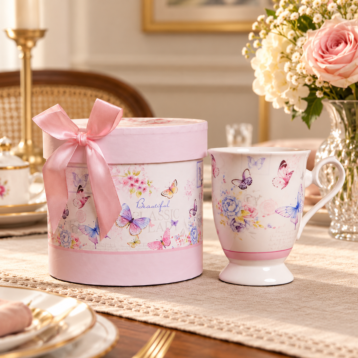 Butterfly Meadow Ceramic Mug with Round Gift Box