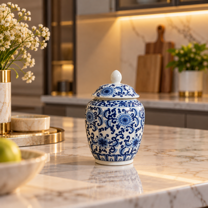 Blue Chrysanthemum Scroll Ceramic Lidded Jar