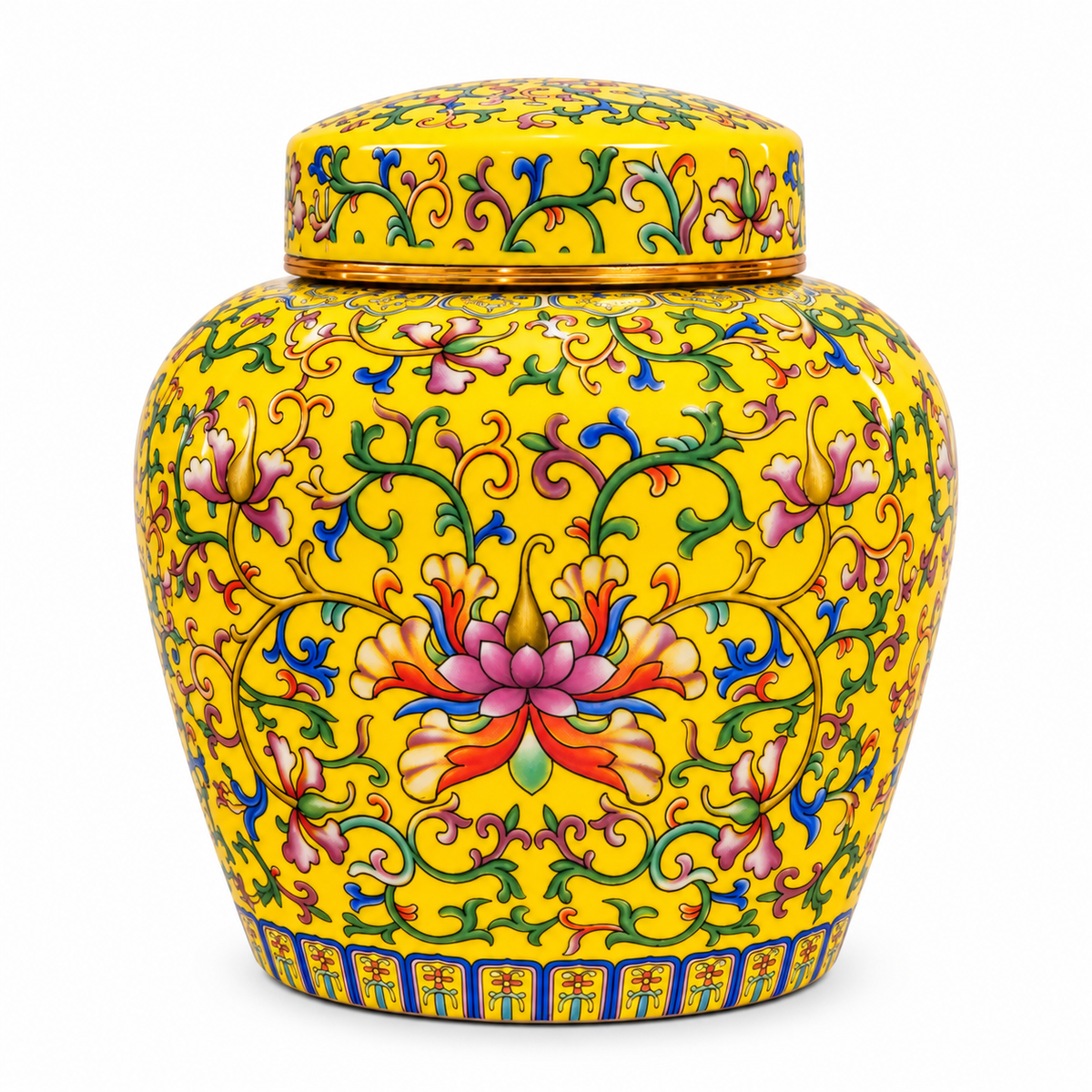 Imperial Yellow Enamel Lotus Ceramic Lidded Jar