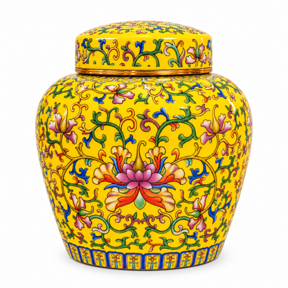 Imperial Yellow Enamel Lotus Ceramic Lidded Jar