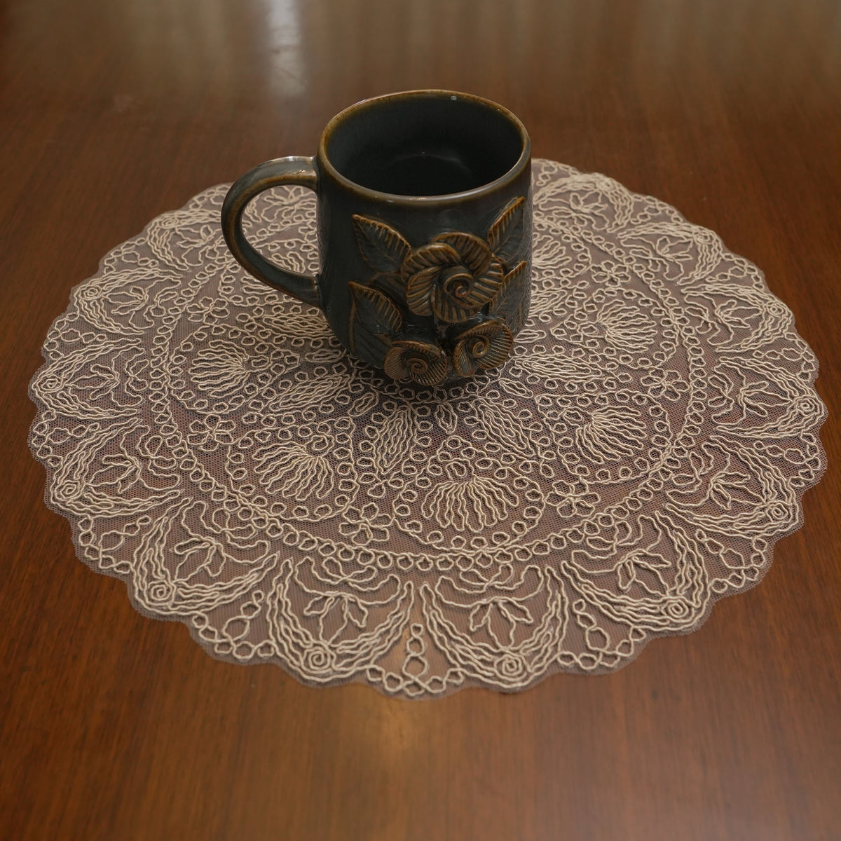 Taupe Star Medallion Crochet Lace Round Table Mat (Set of 2)