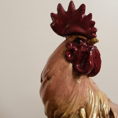 Golden Feather Rooster Figurine on Rock Base