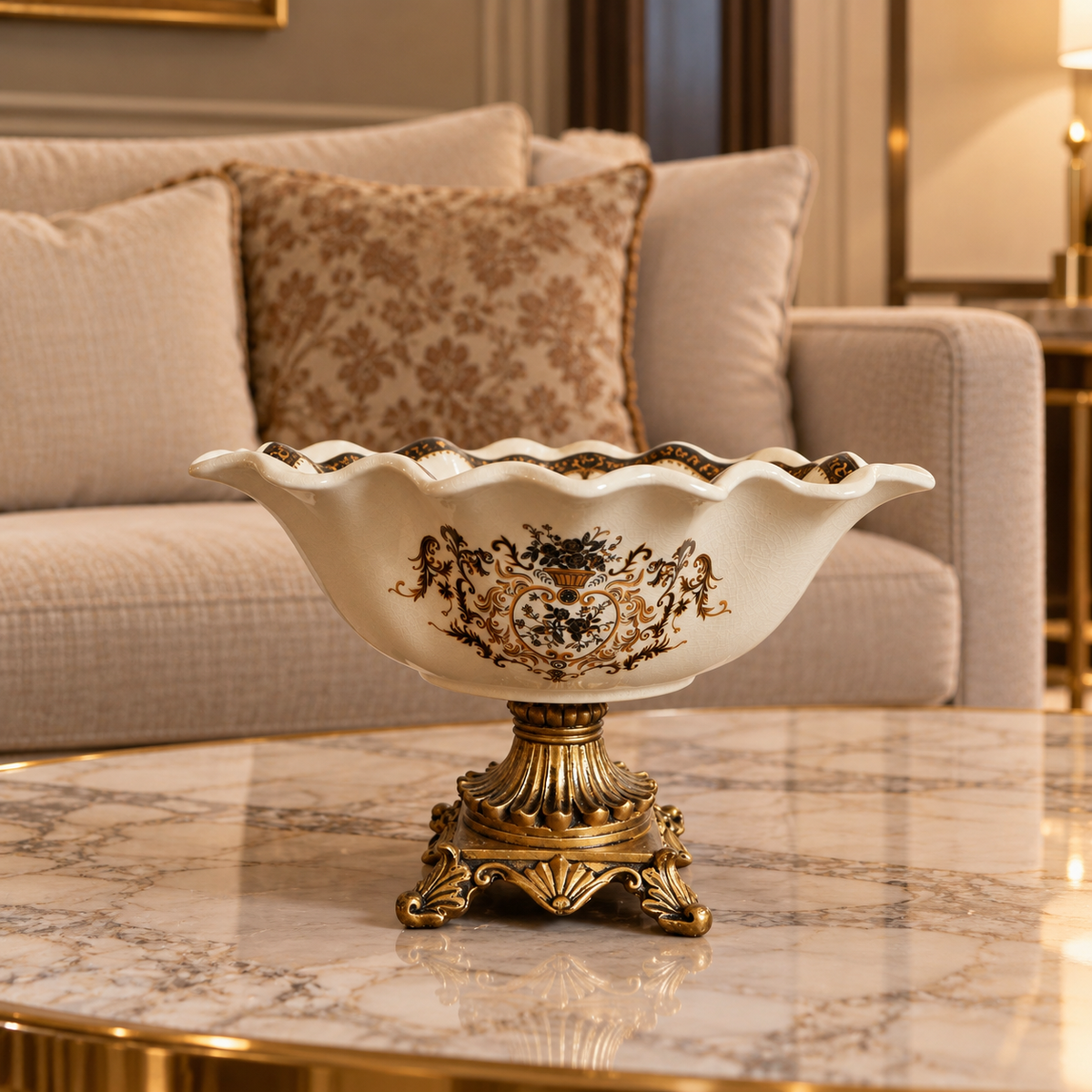 Ivory Baroque Ceramic Fluted Centerpiece Bowl with Gold Pedestal