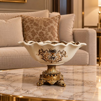 Ivory Baroque Ceramic Fluted Centerpiece Bowl with Gold Pedestal