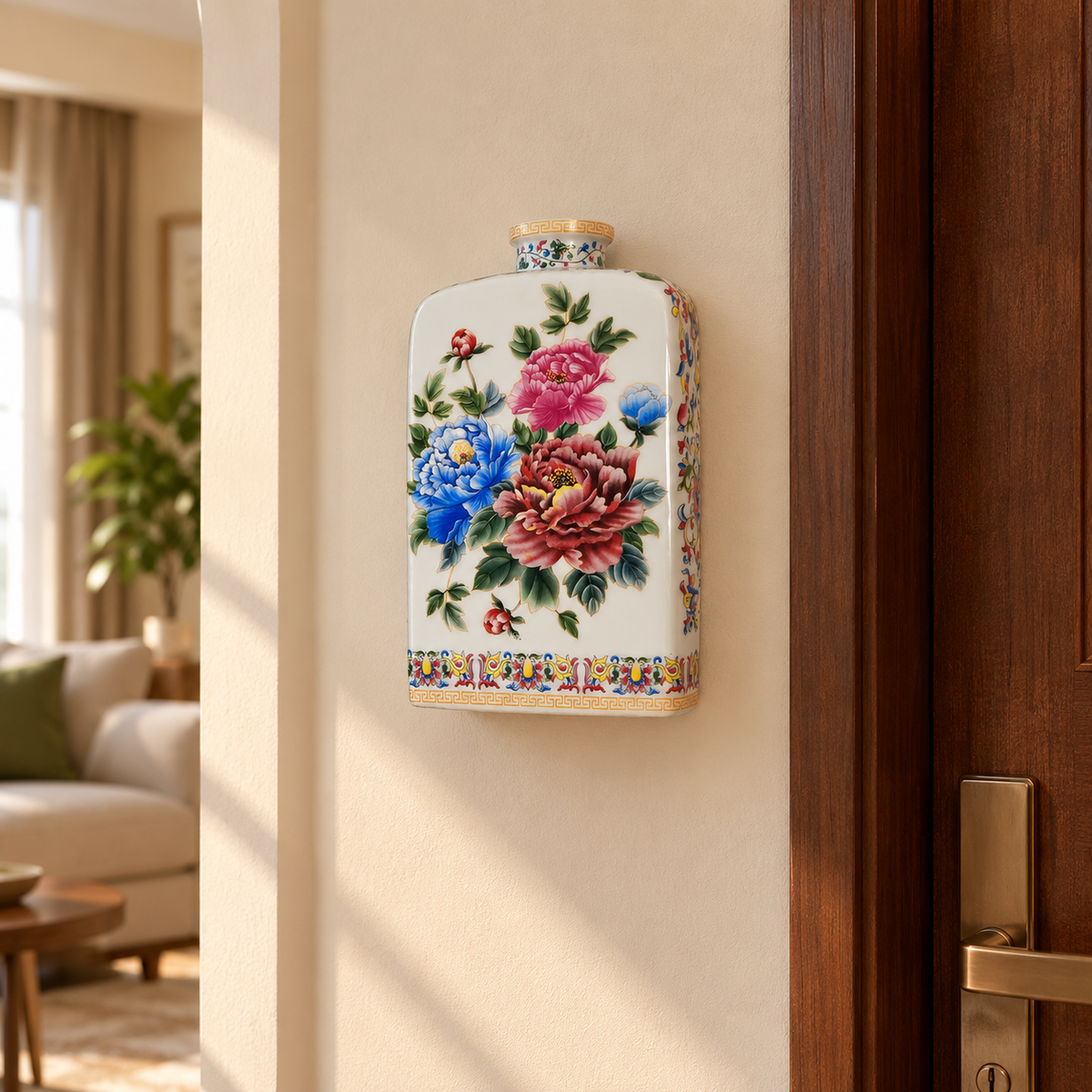 Peony Bouquet Ceramic Rectangular Flask Vase