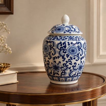 Blue Chrysanthemum Scroll Ceramic Lidded Jar