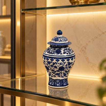 Blue Lotus Scroll Slim Ceramic Ginger Jar