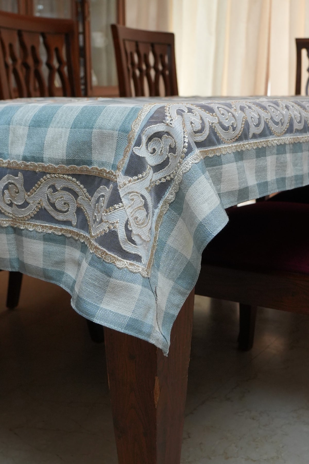 Blue Gingham Check Table Sheet with Scroll Lace Panel (6 Seater)
