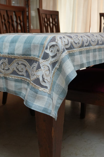 Blue Gingham Check Table Sheet with Scroll Lace Panel (6 Seater)