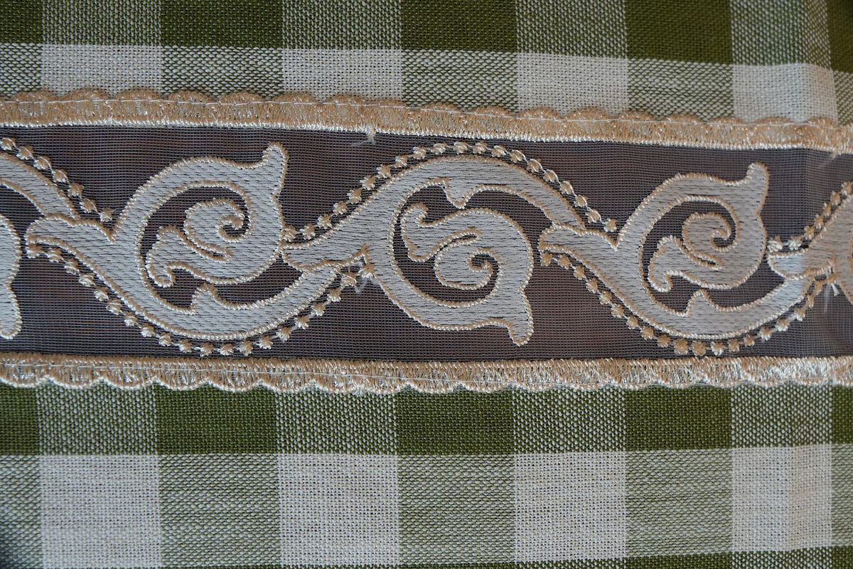 Olive Green Gingham Check Table Sheet with Scroll Lace Panel (6 Seater)