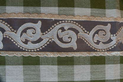 Olive Green Gingham Check Table Sheet with Scroll Lace Panel (6 Seater)