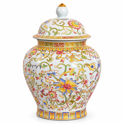 Ivory Lotus Ceramic Ginger Jar with Gold Greek Key