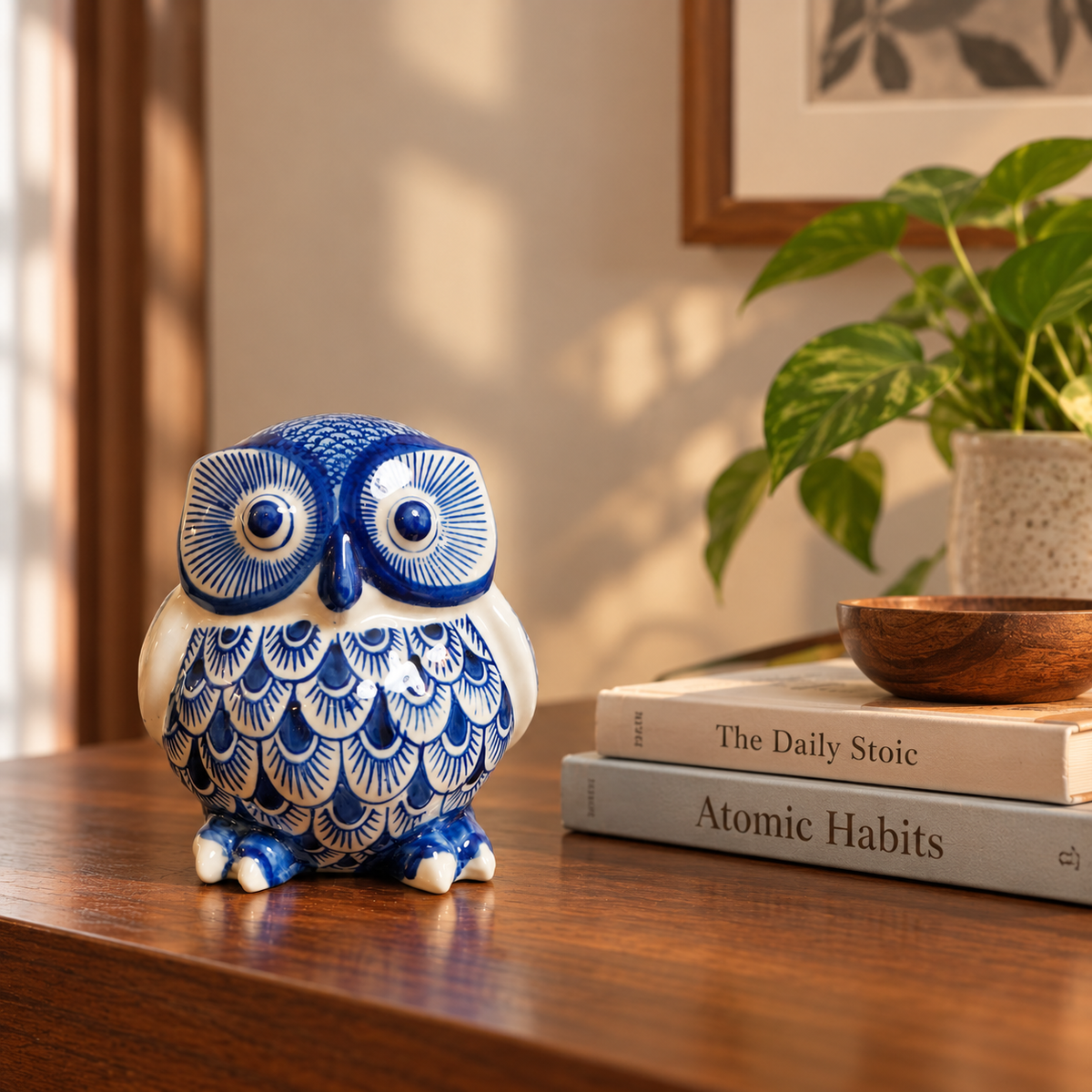Blue & White Ceramic Owl Figurine