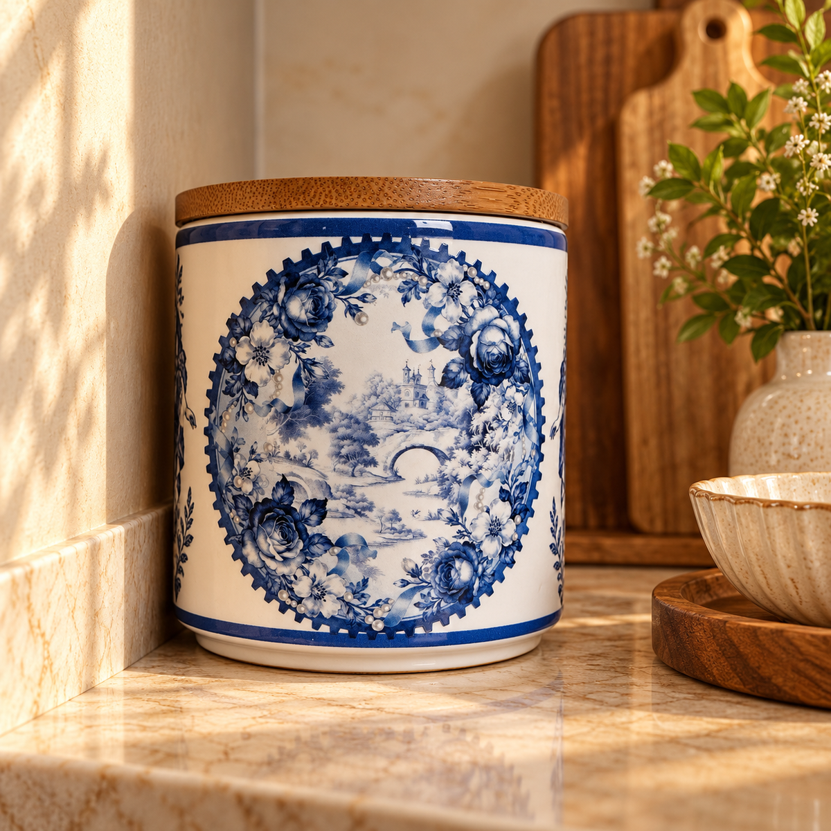 Blue Toile Ceramic Storage Jar with Bamboo Lid
