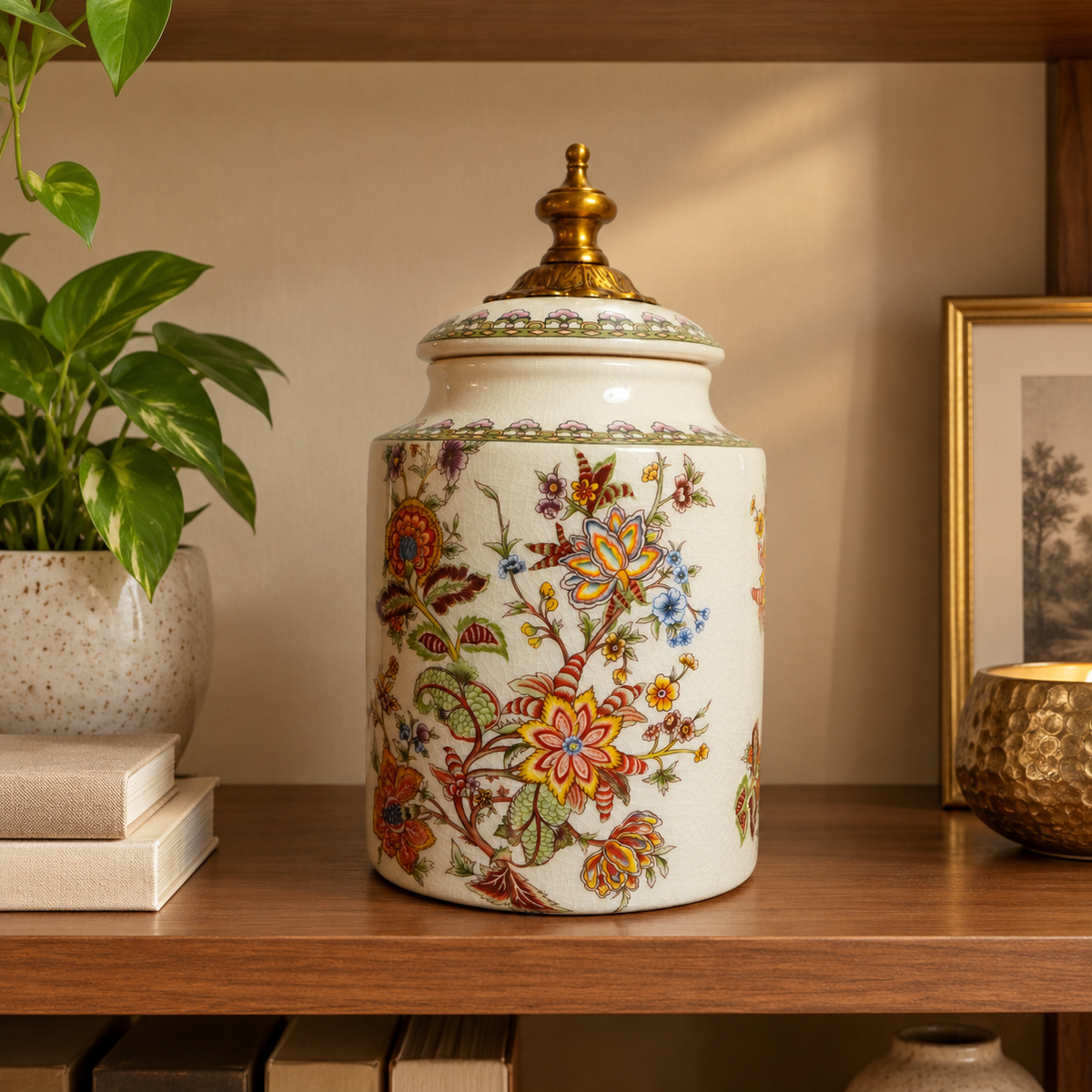 Ivory Jacobean Floral Ceramic Canister with Brass Finial Lid