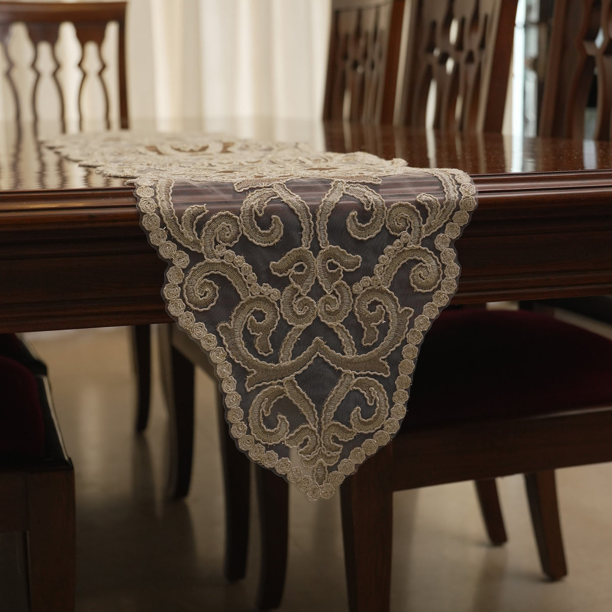Gold Satin Scroll Lace Table Runner (Long)