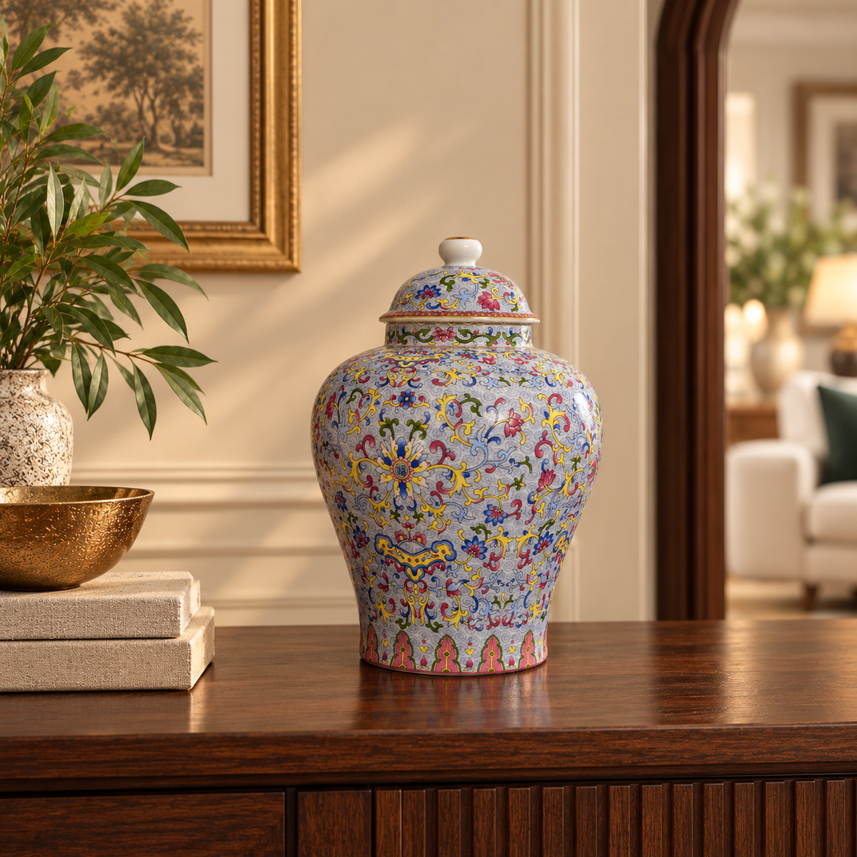 Lavender Blue Floral Scroll Ceramic Ginger Jar